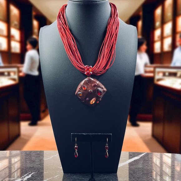 Boho Statement Necklace Earrings Set Red Gem Chunky Pendant Festival Jewelry - Picture 1 of 10